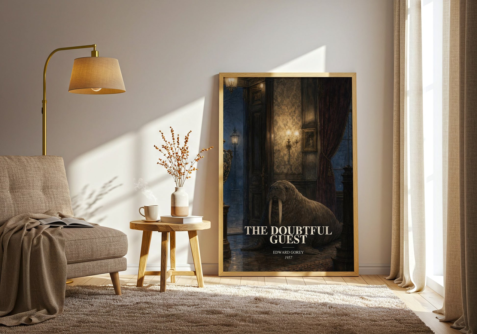 The Doubtful Guest watercolour print in frame leaning in hallway – childrens wall art
