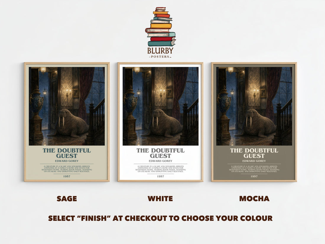 The Doubtful Guest bookish print framed by window – literary home decor