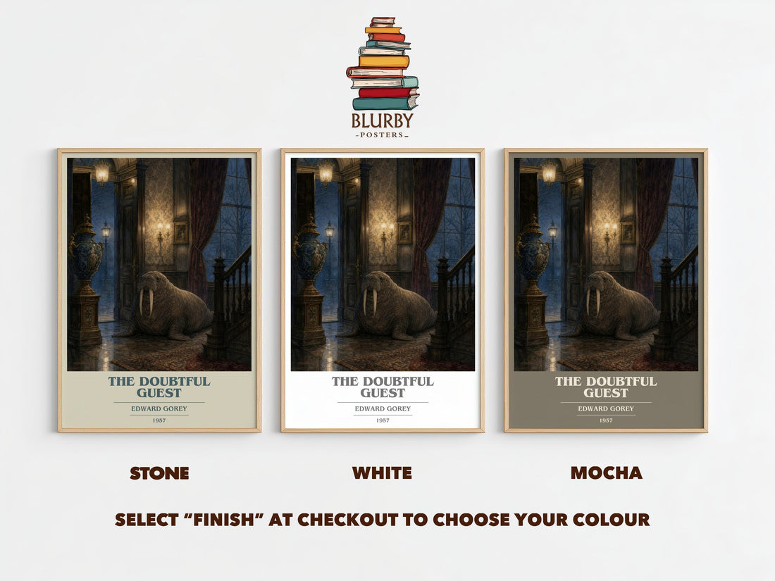 The Doubtful Guest book cover print framed by window – Stone, White and Mocha side by side – choose your colour