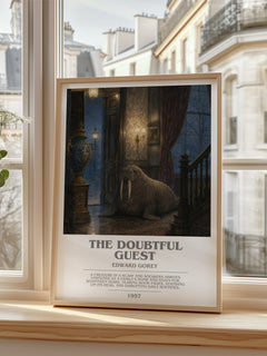The Doubtful Guest bookish print in frame leaning in hallway – childrens wall art