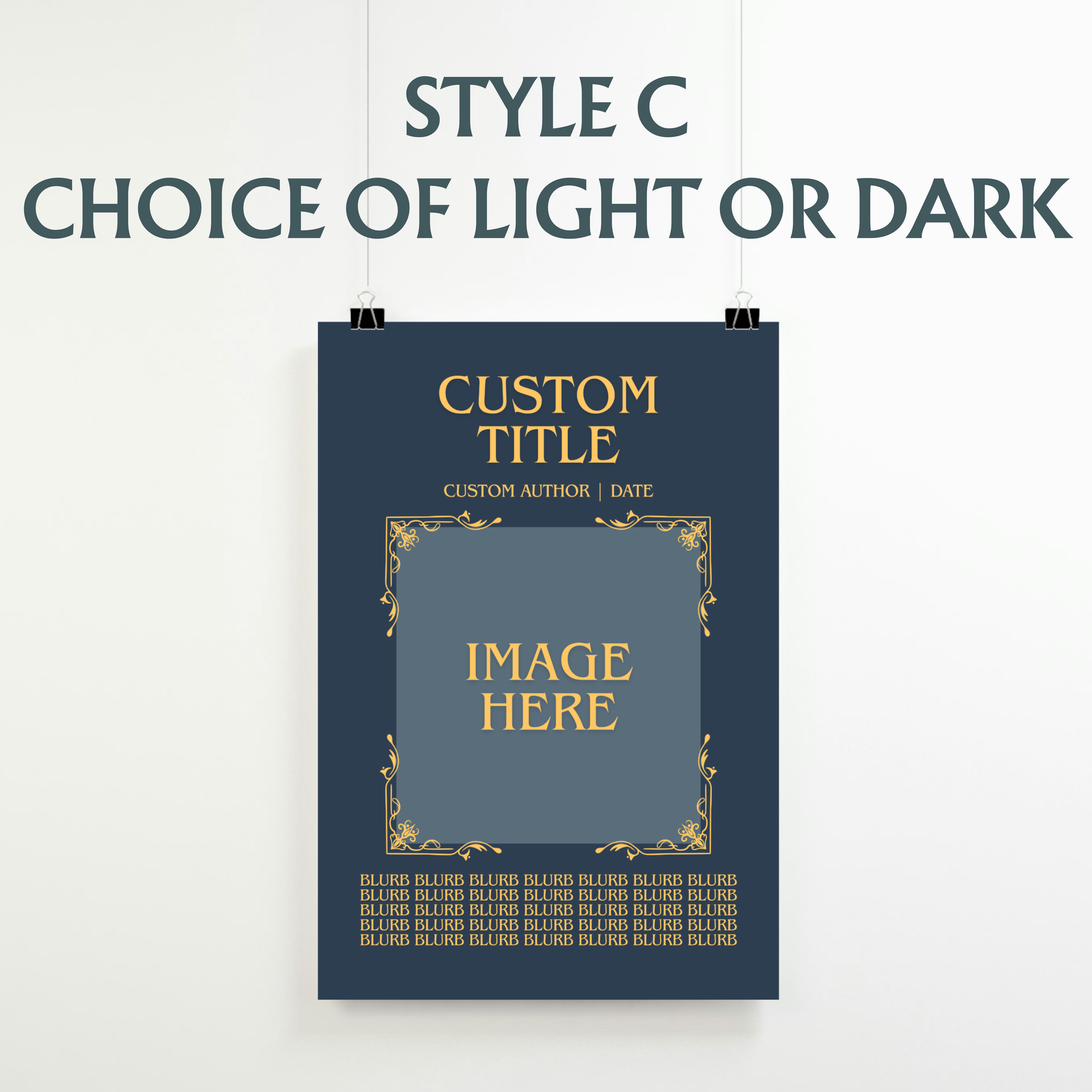 The image is a poster with a blue background and gold accents. It features a blank square in the center, surrounded by the text "CUSTOM TITLE" and "CUSTOM AUTHOR | DATE" in a larger font. The text also includes "IMAGE HERE" in a smaller font. The poster is hanging on a wall, and there is a repeating pattern of the text "BLUR BLUR BLUR BLUR BLUR BLUR BLUR BLUR BLUR" below the main text.