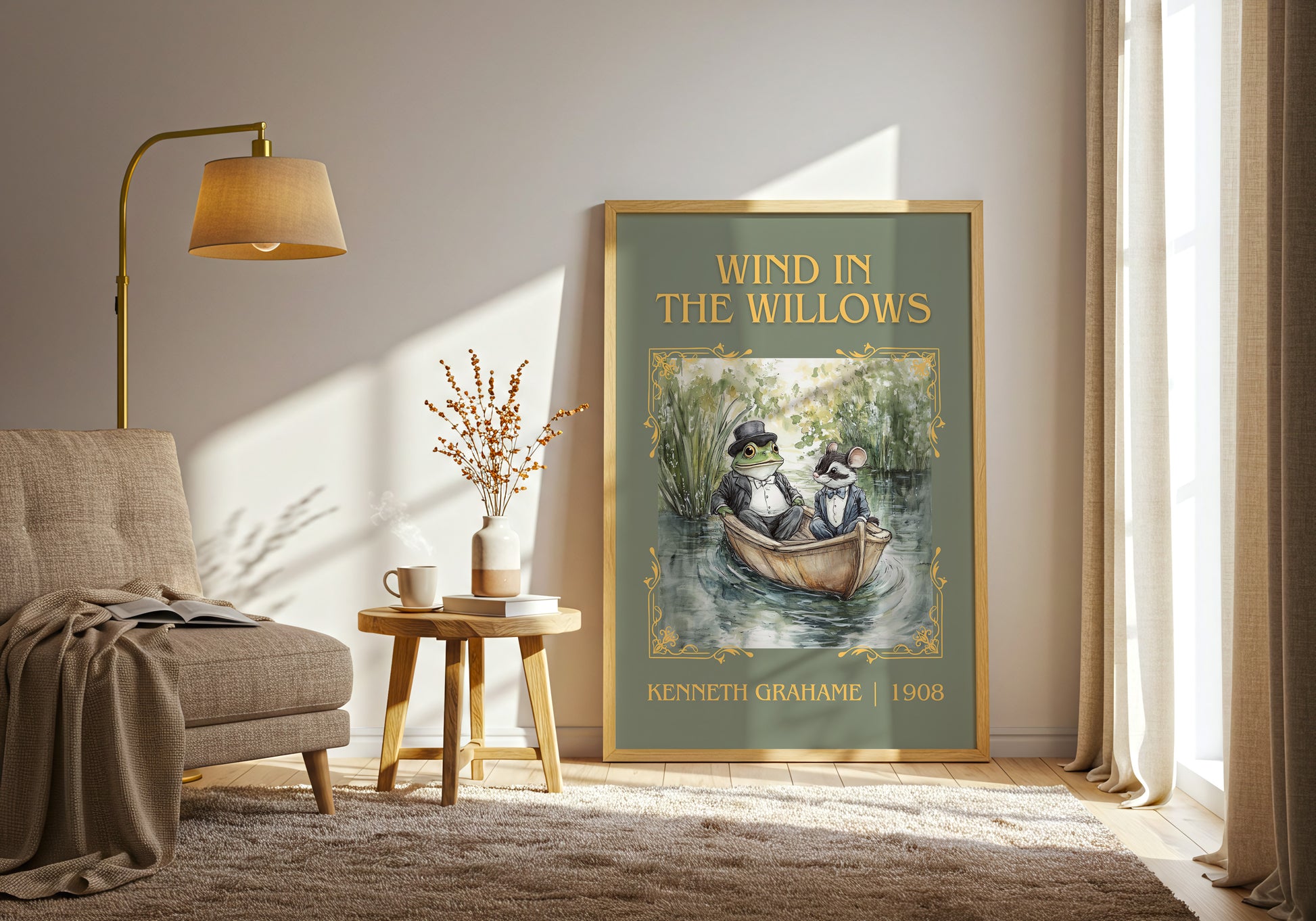 The Wind in the Willows classic book art print in frame leaning in hallway – childrens wall art