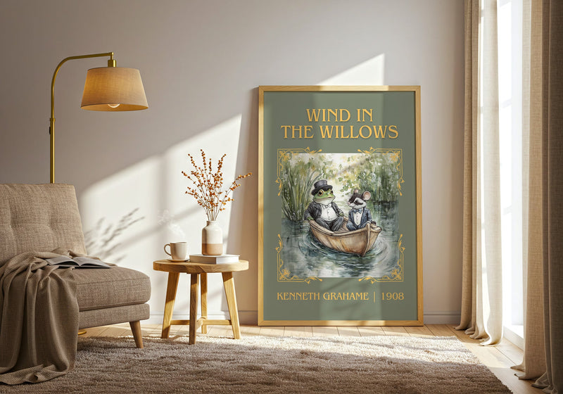 The Wind in the Willows classic book art print in frame leaning in hallway – childrens wall art