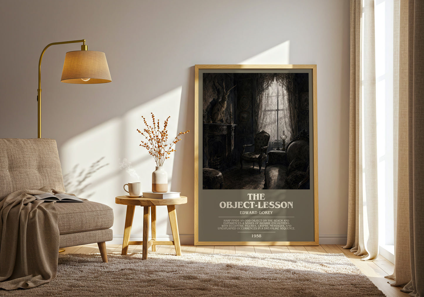 The Object-Lesson bookish print on bookshelf – Edward Gorey fan gift