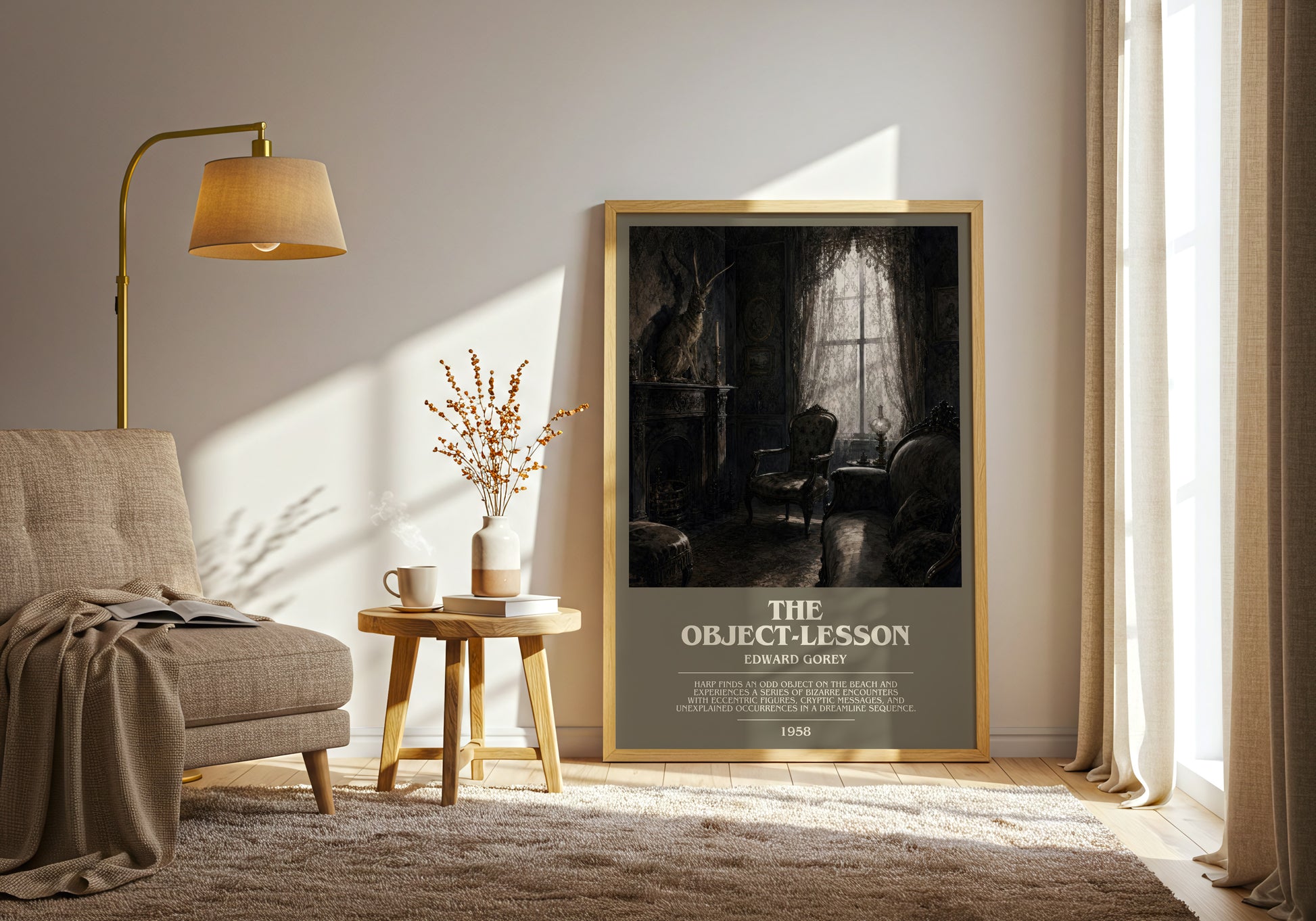 The Object-Lesson bookish print on bookshelf – Edward Gorey fan gift
