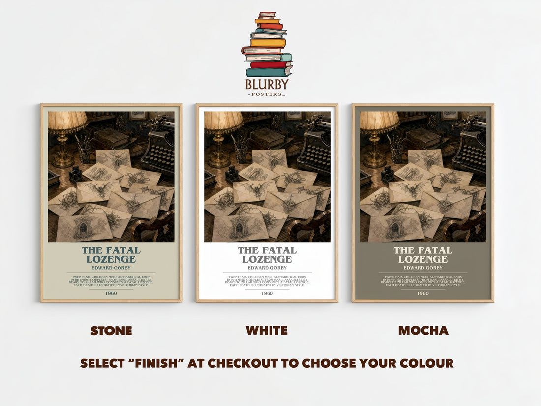 The Fatal Lozenge bookish print framed by window – Stone, White and Mocha side by side – choose your colour