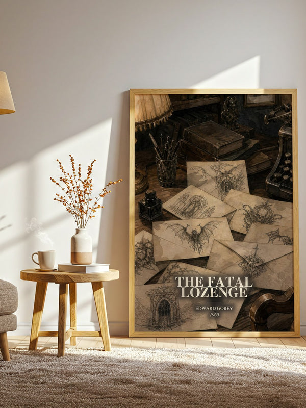 The Fatal Lozenge watercolour print in frame leaning in hallway – childrens wall art