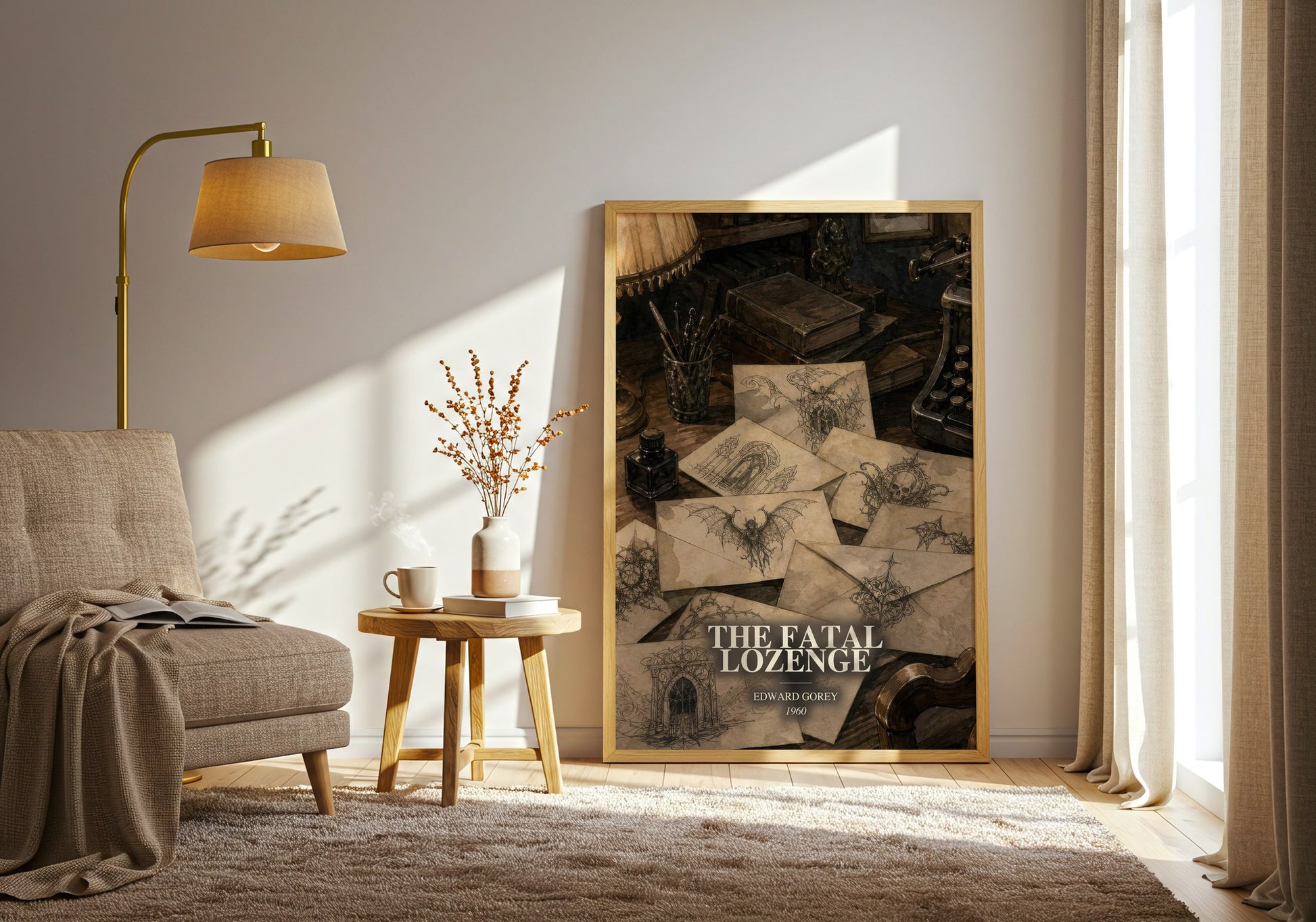 The Fatal Lozenge watercolour print in frame leaning in hallway – childrens wall art