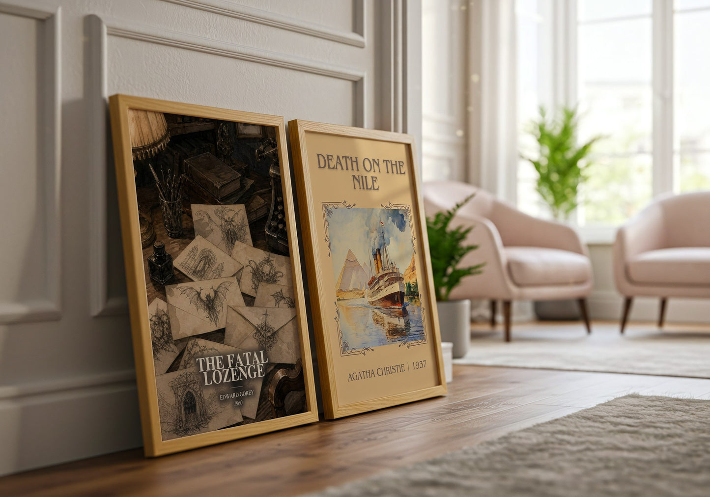 The Fatal Lozenge watercolour print framed by window – literary home decor
