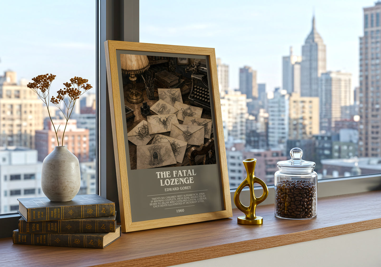 The Fatal Lozenge bookish print framed by window – literary home decor