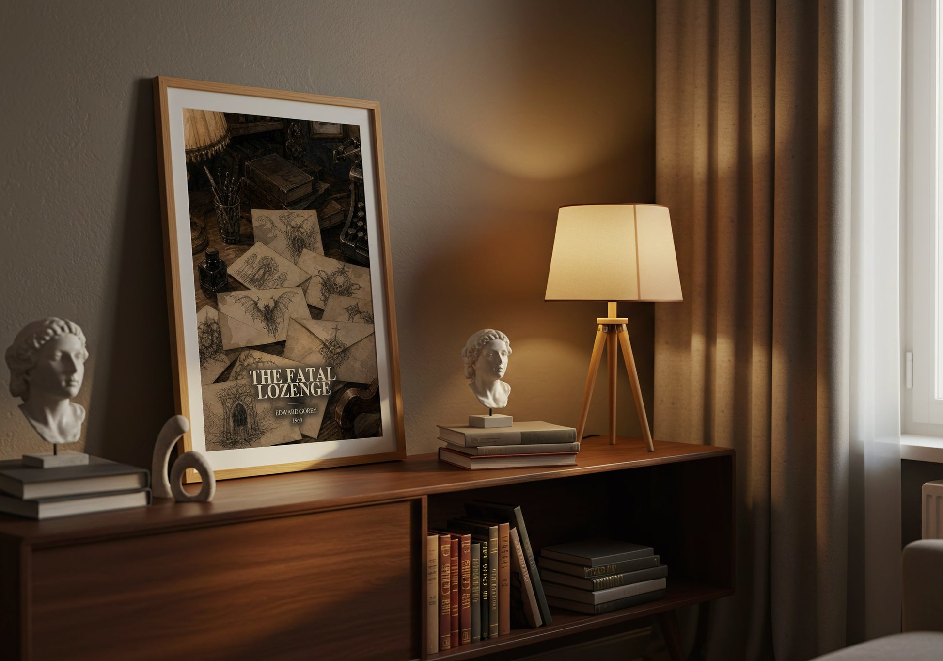 The Fatal Lozenge watercolour print on bookshelf – Edward Gorey fan gift