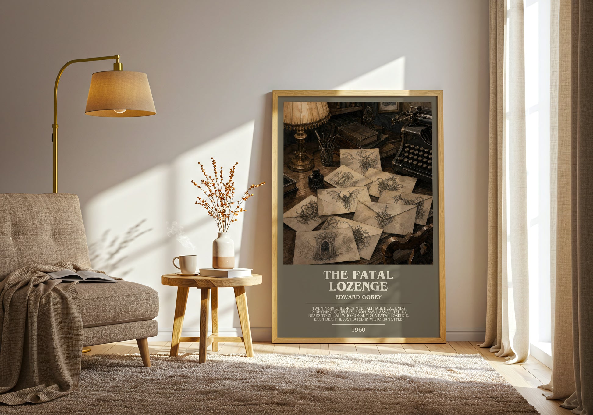 The Fatal Lozenge bookish print on bookshelf – Edward Gorey fan gift