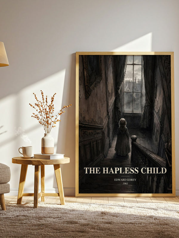 The Hapless Child watercolour print in frame leaning in hallway – childrens wall art