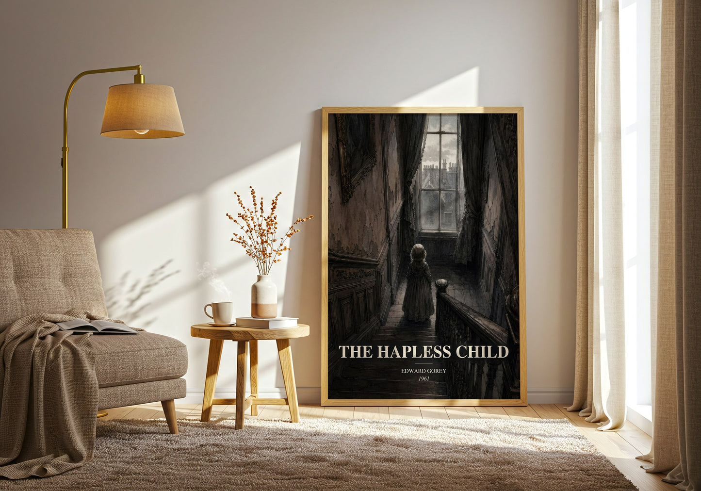 The Hapless Child watercolour print in frame leaning in hallway – childrens wall art