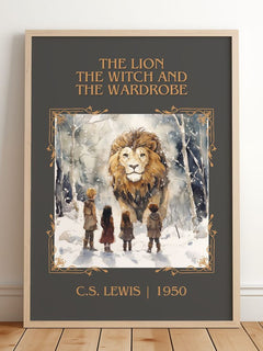 Lion, the Witch and the Wardrobe Classic Book Art Print by C. S. Lewis – framed print leaning on a wooden floor