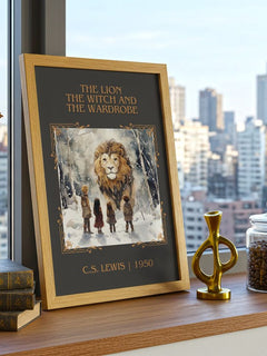 Lion, the Witch and the Wardrobe Classic Book Art Print by C. S. Lewis – framed print on a city-view windowsill