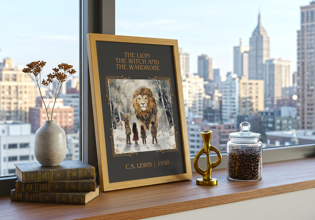 Lion, the Witch and the Wardrobe Classic Book Art Print by C. S. Lewis – framed print on a city-view windowsill