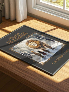 Lion, the Witch and the Wardrobe Classic Book Art Print by C. S. Lewis – print on a sunlit desk