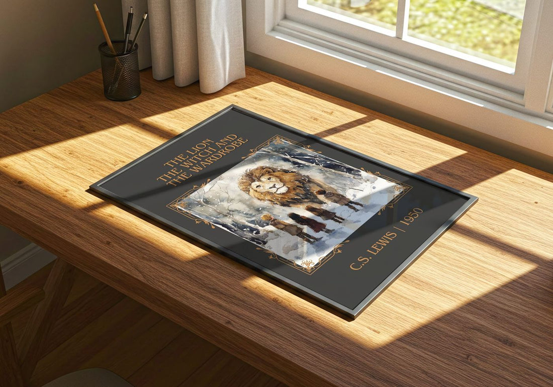 Lion, the Witch and the Wardrobe Classic Book Art Print by C. S. Lewis – print on a sunlit desk