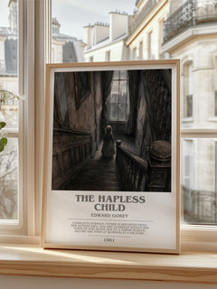 The Hapless Child bookish print in frame leaning in hallway – childrens wall art