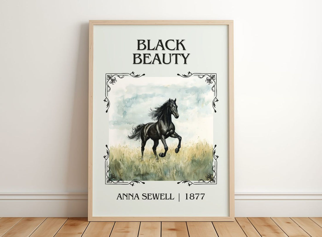 Black Beauty Classic Book Art Print by Anna Sewell – framed print leaning on a wooden floor