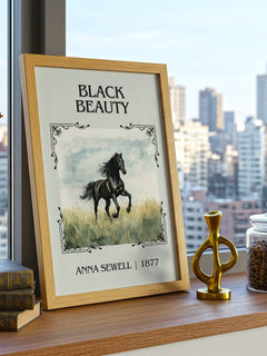Black Beauty Classic Book Art Print by Anna Sewell – framed print on a city-view windowsill