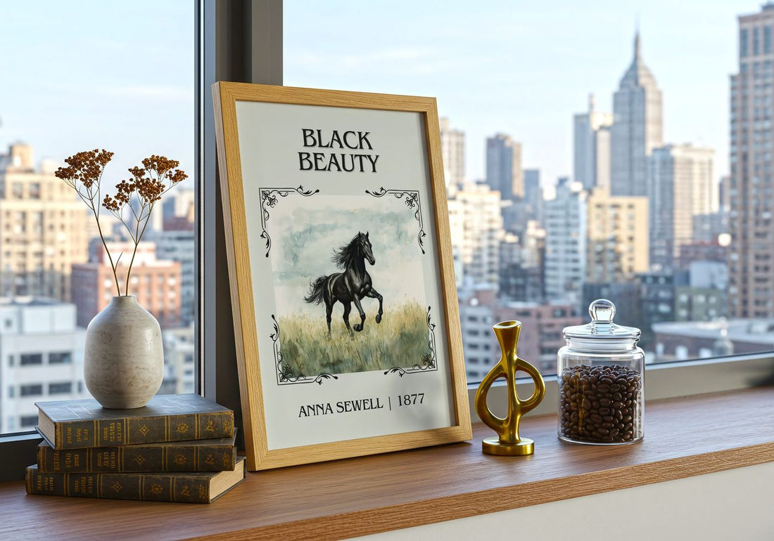 Black Beauty Classic Book Art Print by Anna Sewell – framed print on a city-view windowsill