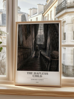 The Hapless Child book cover print in frame leaning in hallway – childrens wall art