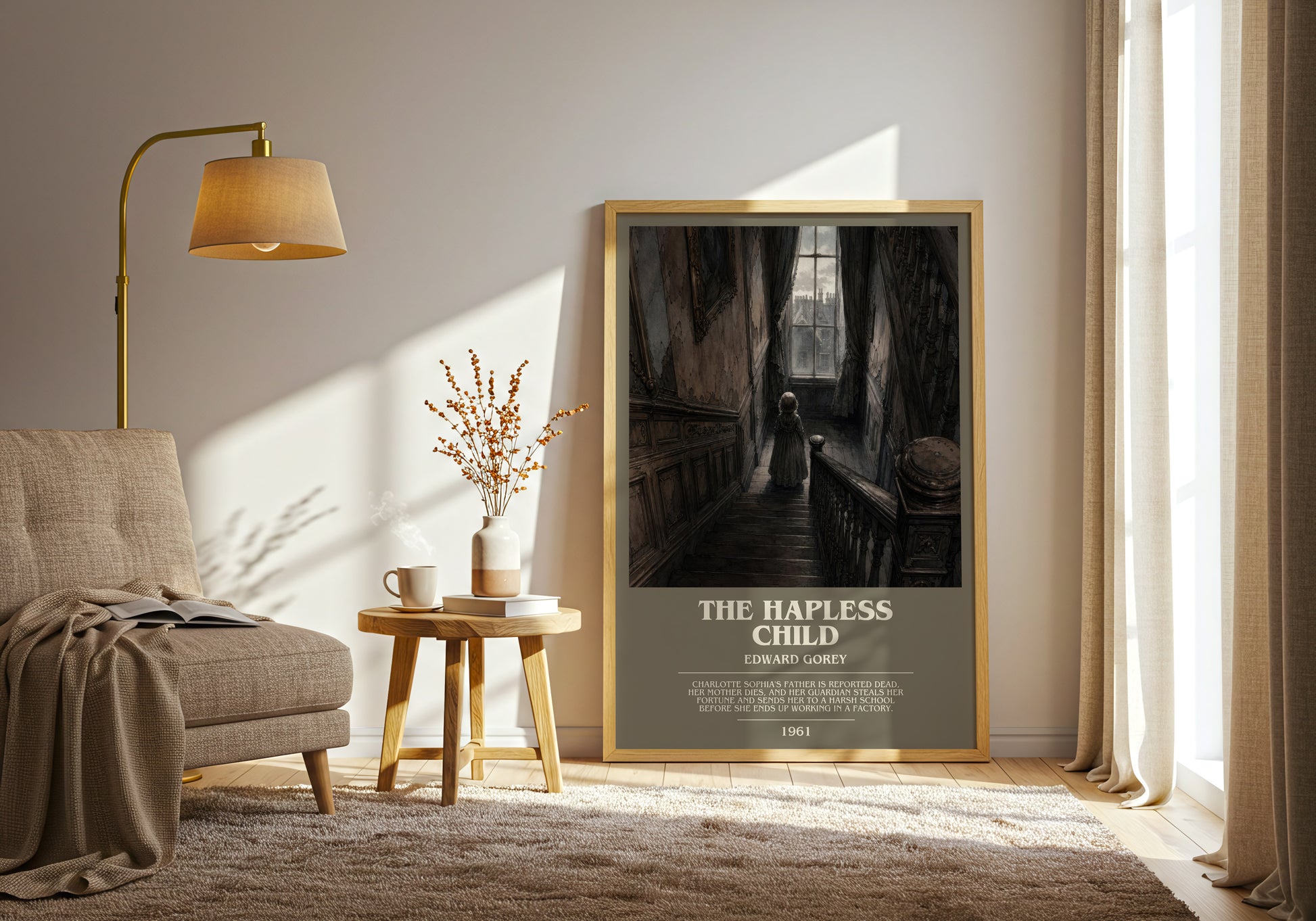 The Hapless Child bookish print on bookshelf – Edward Gorey fan gift