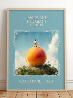 James and the Giant Peach Classic Book Art Print by Roald Dahl – framed print leaning on a wooden floor