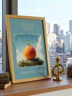 James and the Giant Peach Classic Book Art Print by Roald Dahl – framed print on a city-view windowsill