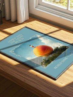 James and the Giant Peach Classic Book Art Print by Roald Dahl – print on a sunlit desk