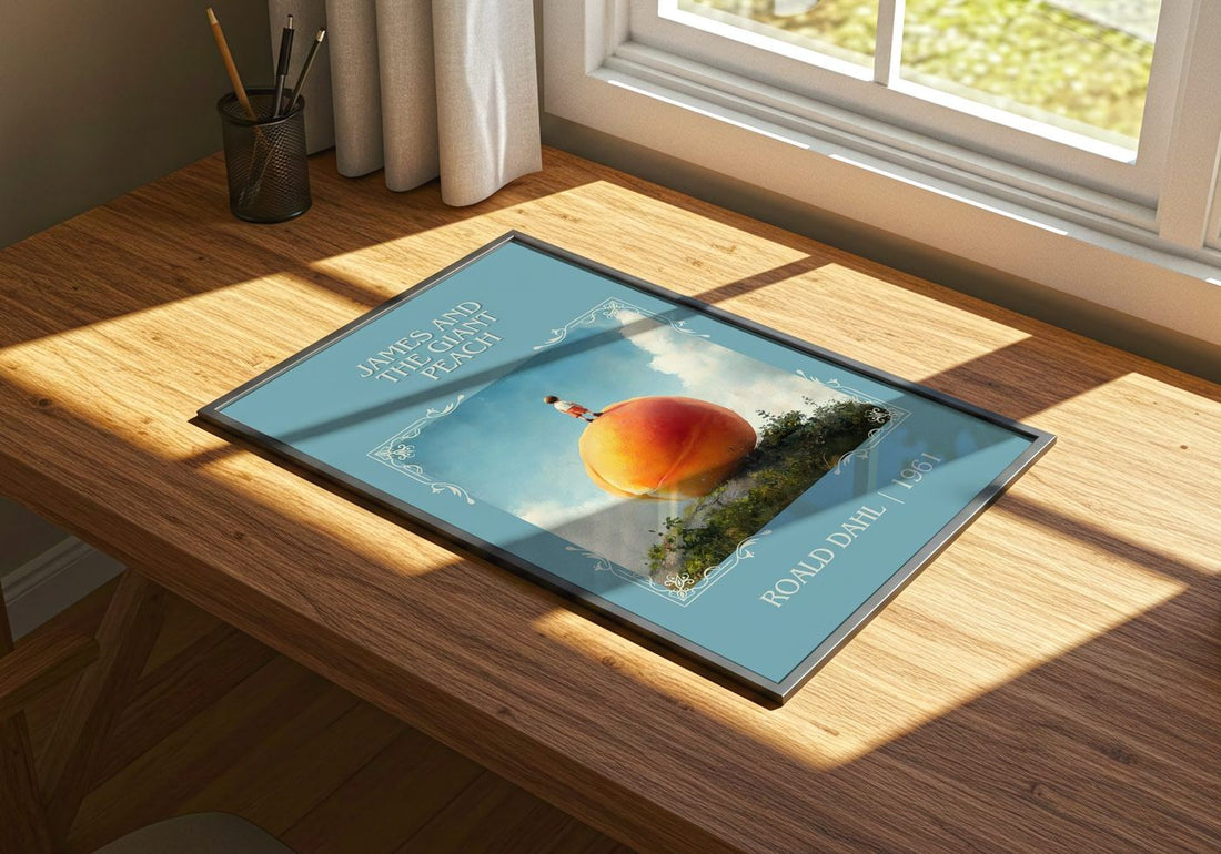 James and the Giant Peach Classic Book Art Print by Roald Dahl – print on a sunlit desk