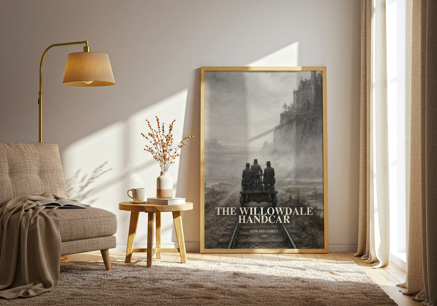The Willowdale Handcar watercolour print in frame leaning in hallway – childrens wall art
