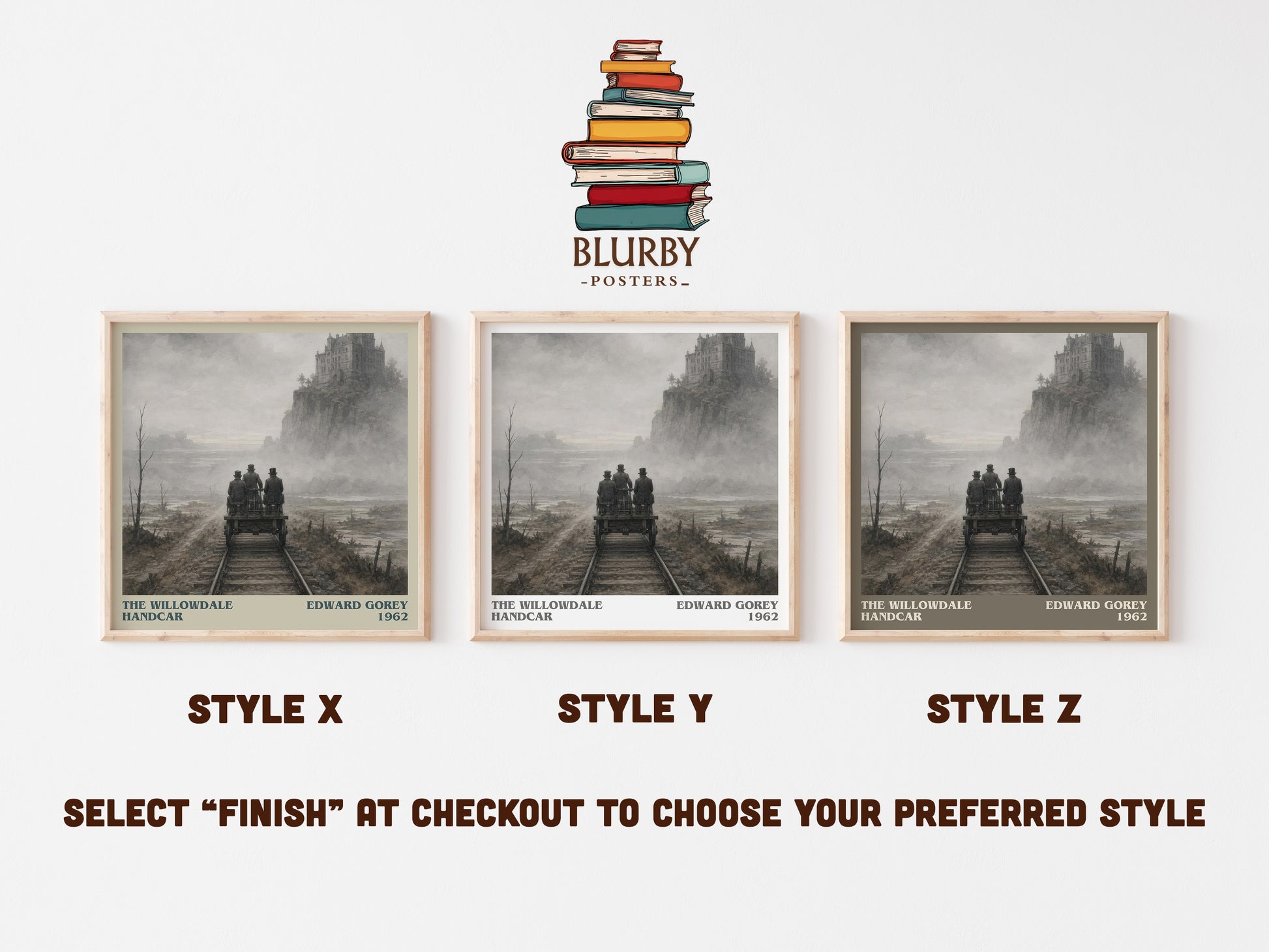 The Willowdale Handcar literary print in frame leaning in hallway – childrens wall art