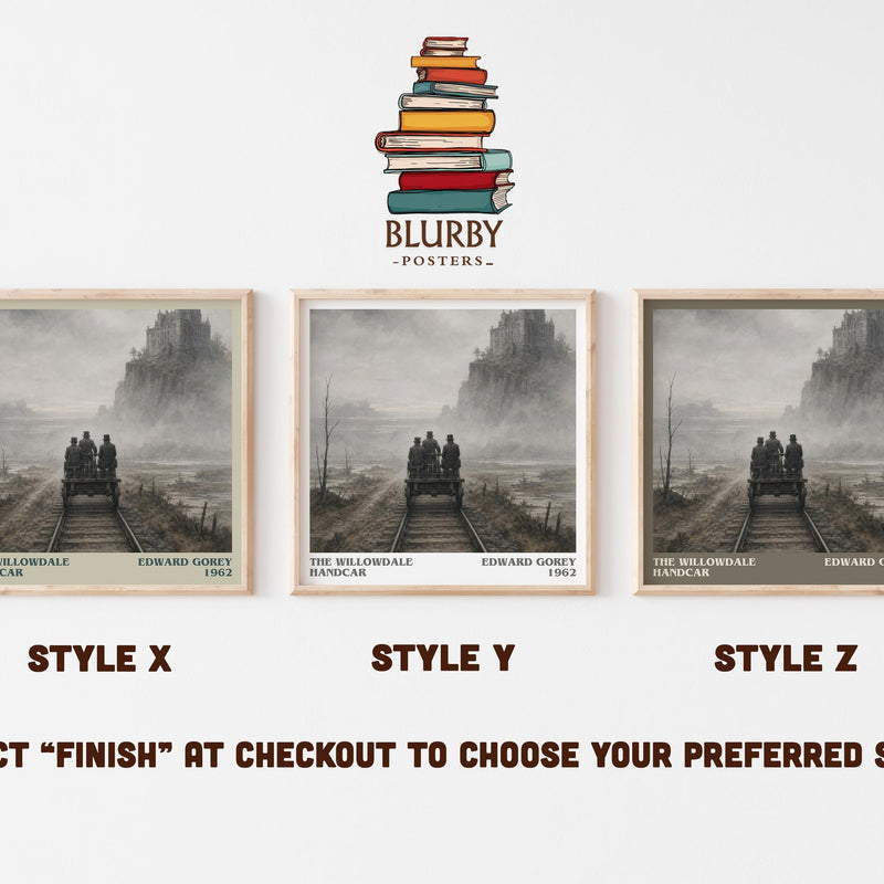 The Willowdale Handcar literary print in frame leaning in hallway – childrens wall art