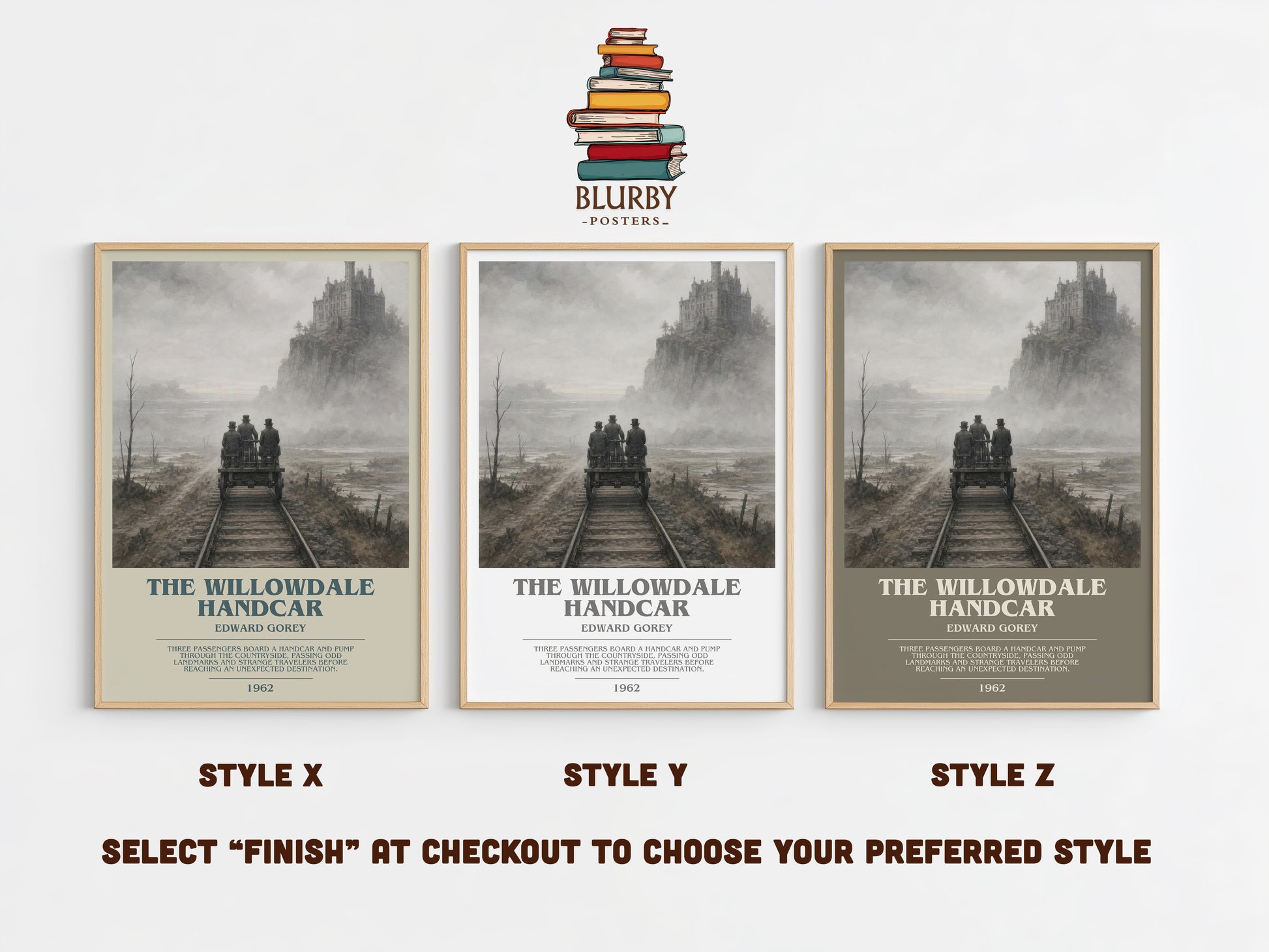 The Willowdale Handcar bookish print in frame leaning in hallway – childrens wall art
