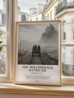 The Willowdale Handcar bookish print in frame leaning in hallway – childrens wall art