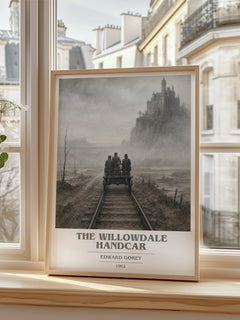 The Willowdale Handcar book cover print in frame leaning in hallway – childrens wall art