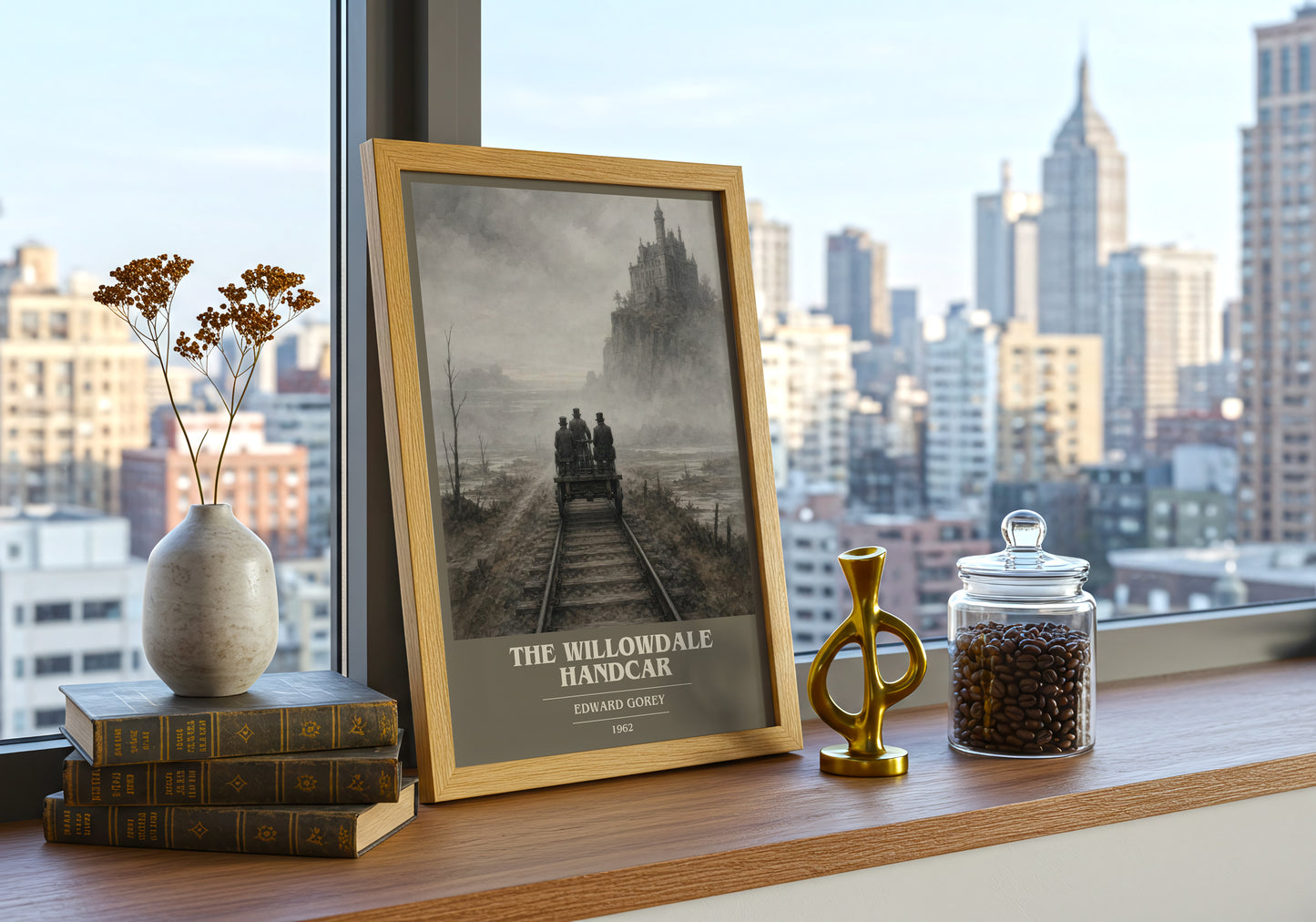 The Willowdale Handcar book cover print framed by window – literary home decor