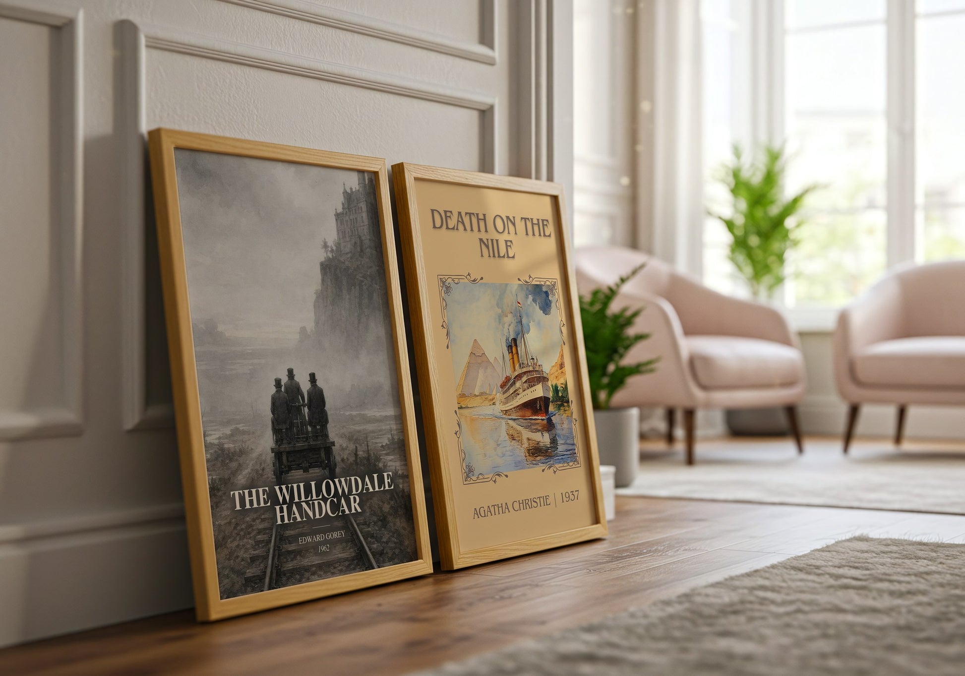 The Willowdale Handcar watercolour print framed by window – literary home decor