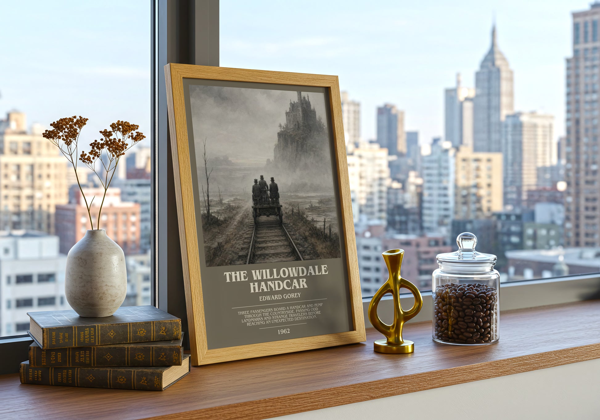The Willowdale Handcar bookish print framed by window – literary home decor
