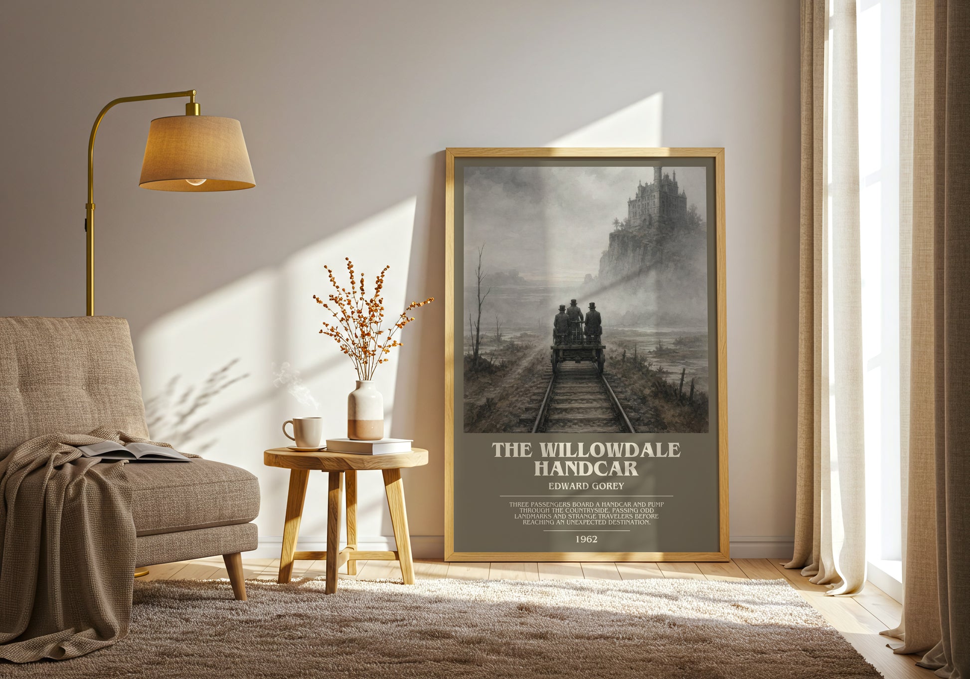 The Willowdale Handcar bookish print on bookshelf – Edward Gorey fan gift