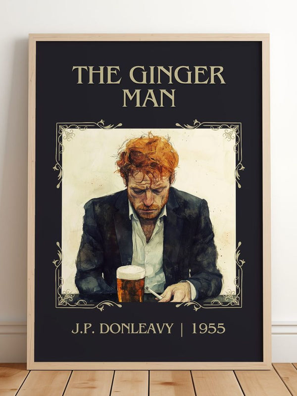 The Ginger Man Classic Book Art Print by J.P. Donleavy – framed print leaning on a wooden floor