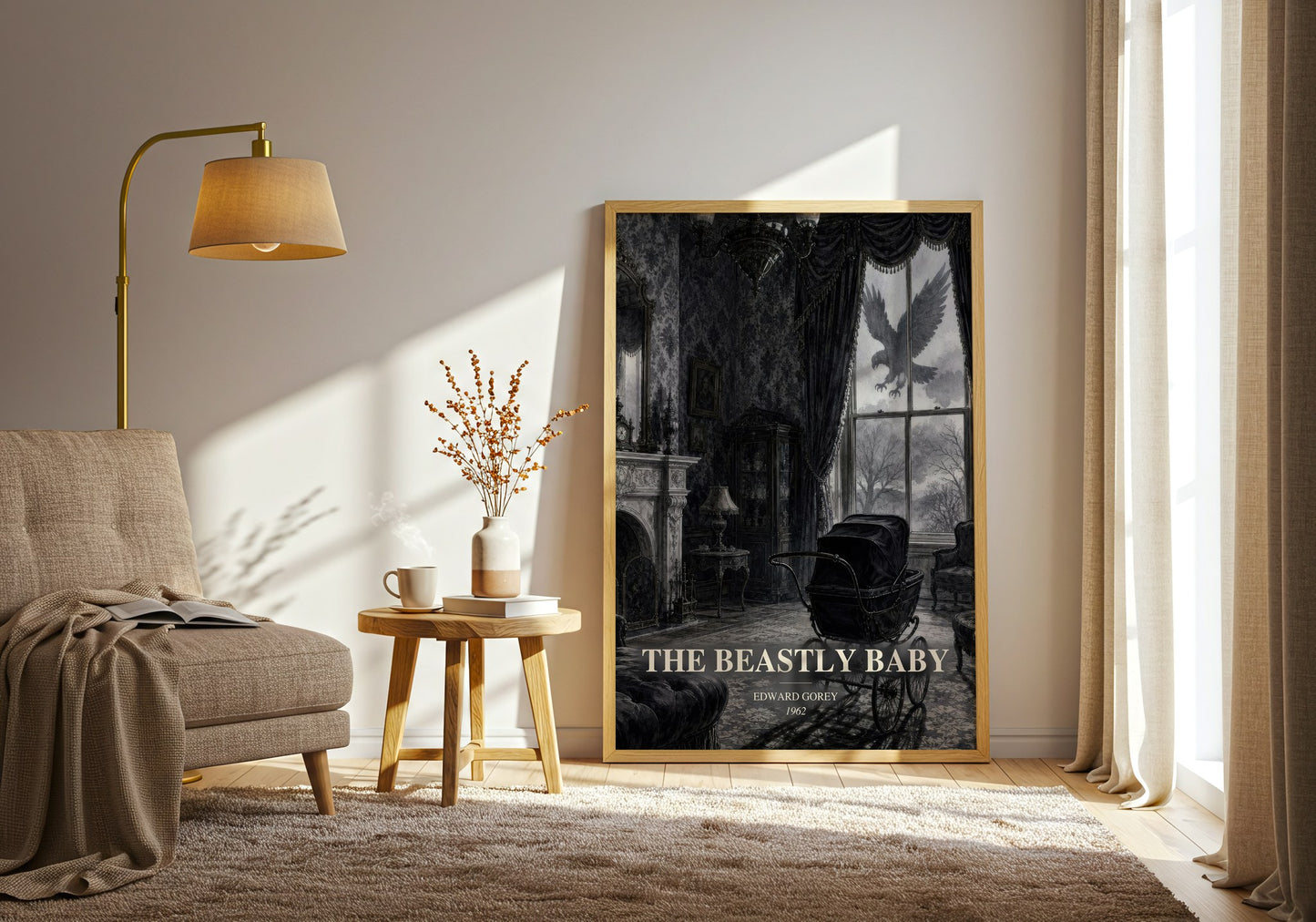 The Beastly Baby watercolour print in frame leaning in hallway – childrens wall art