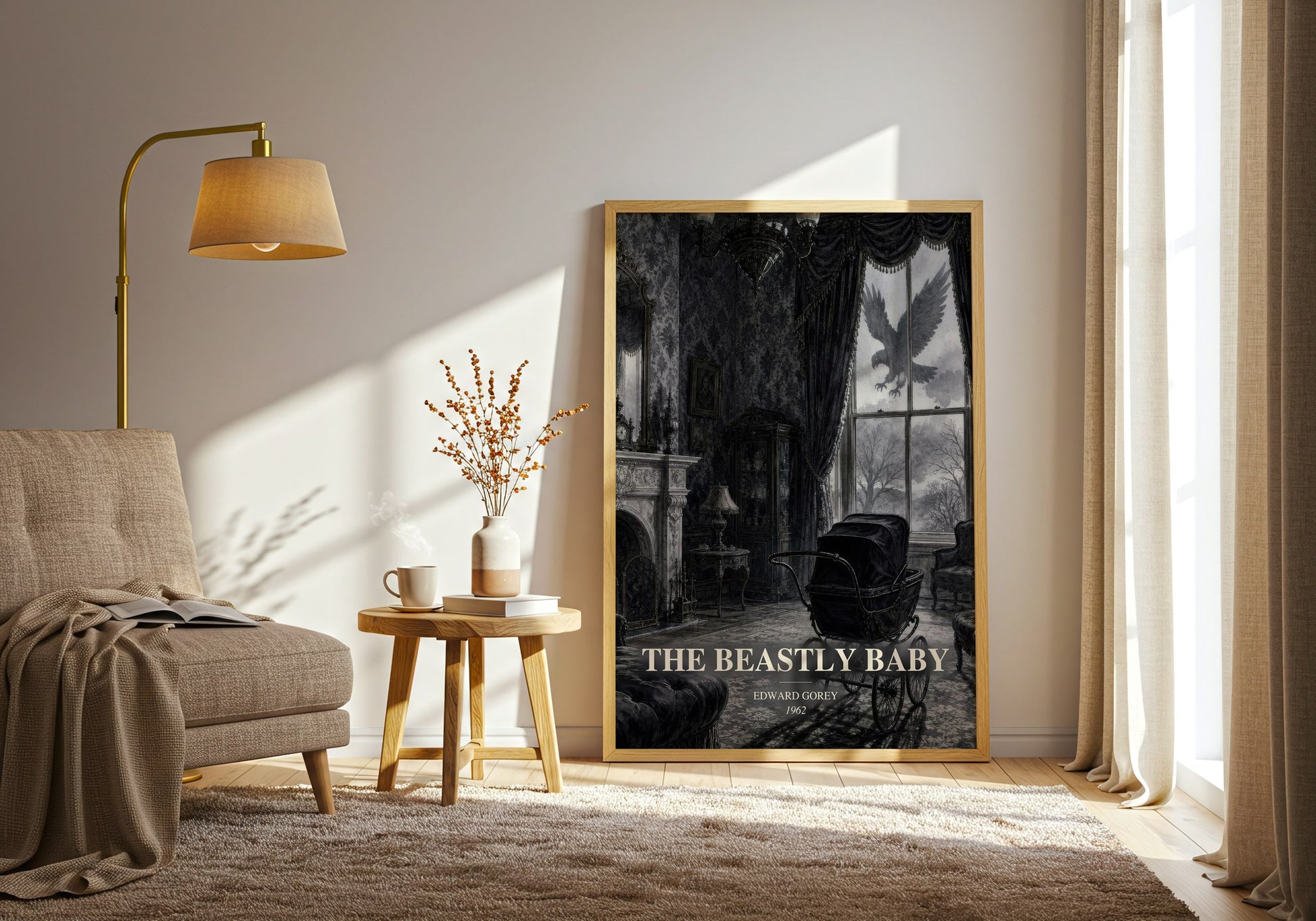 The Beastly Baby watercolour print in frame leaning in hallway – childrens wall art