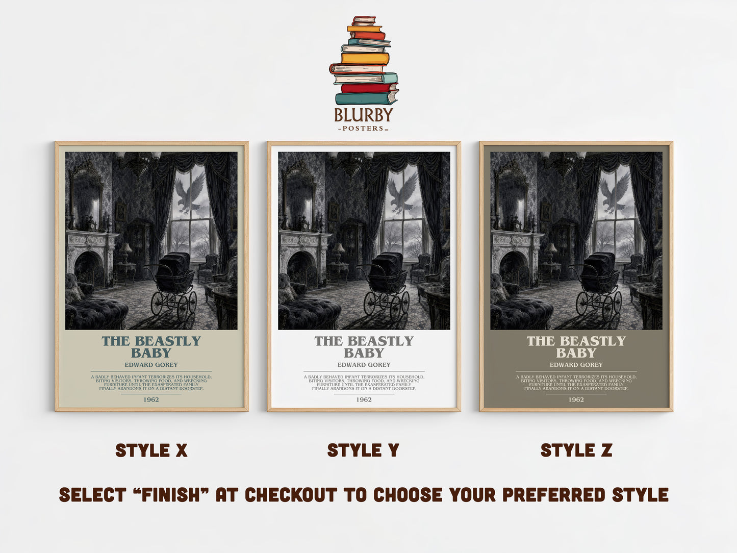 The Beastly Baby bookish print in frame leaning in hallway – childrens wall art