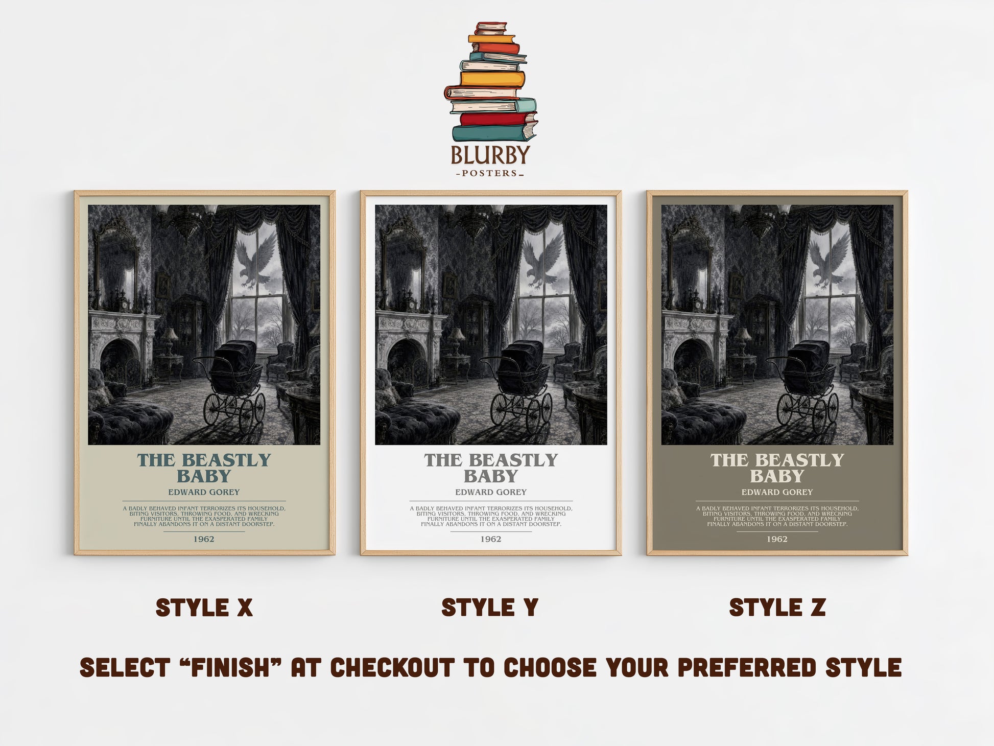 The Beastly Baby bookish print in frame leaning in hallway – childrens wall art