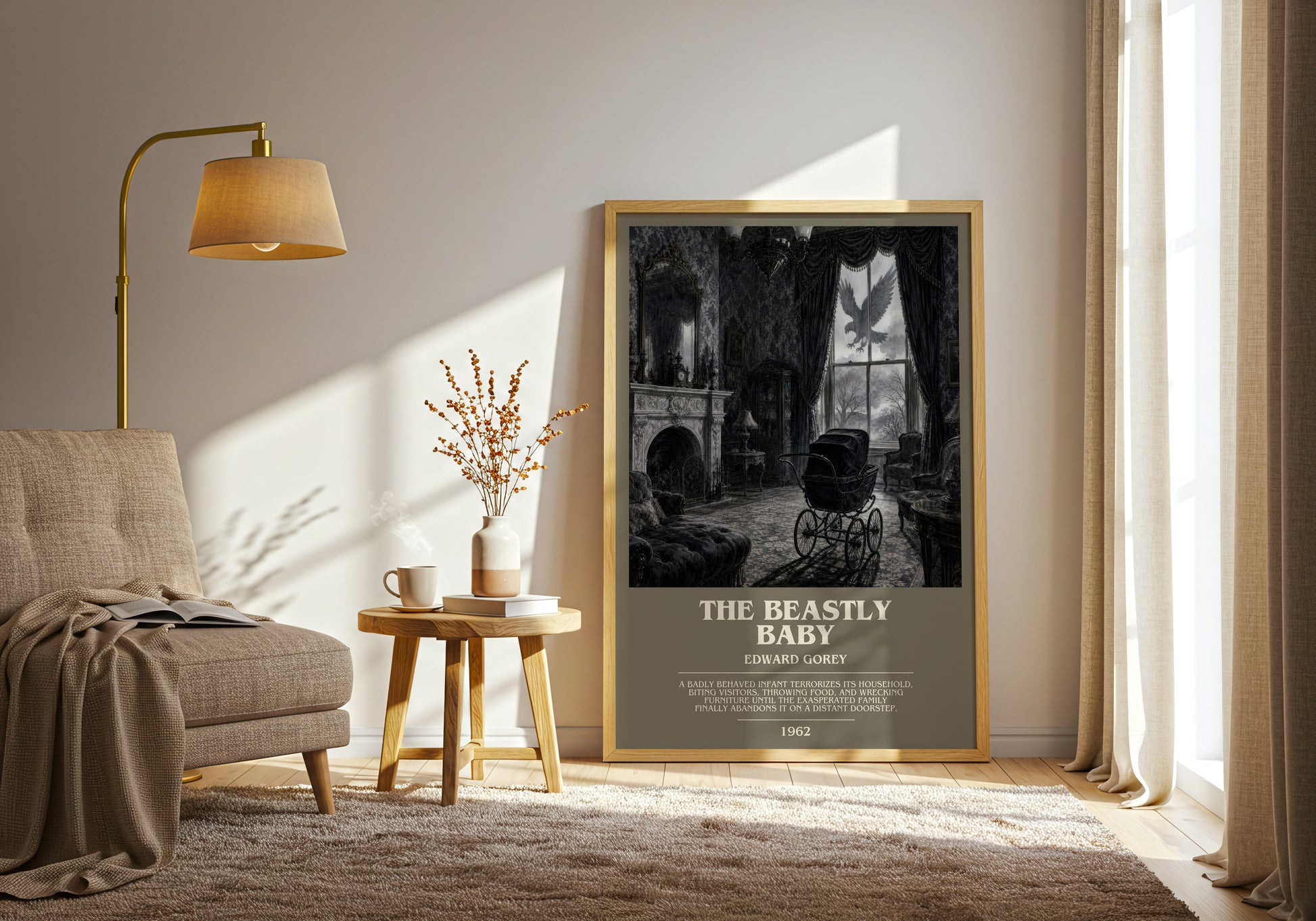 The Beastly Baby bookish print on bookshelf – Edward Gorey fan gift