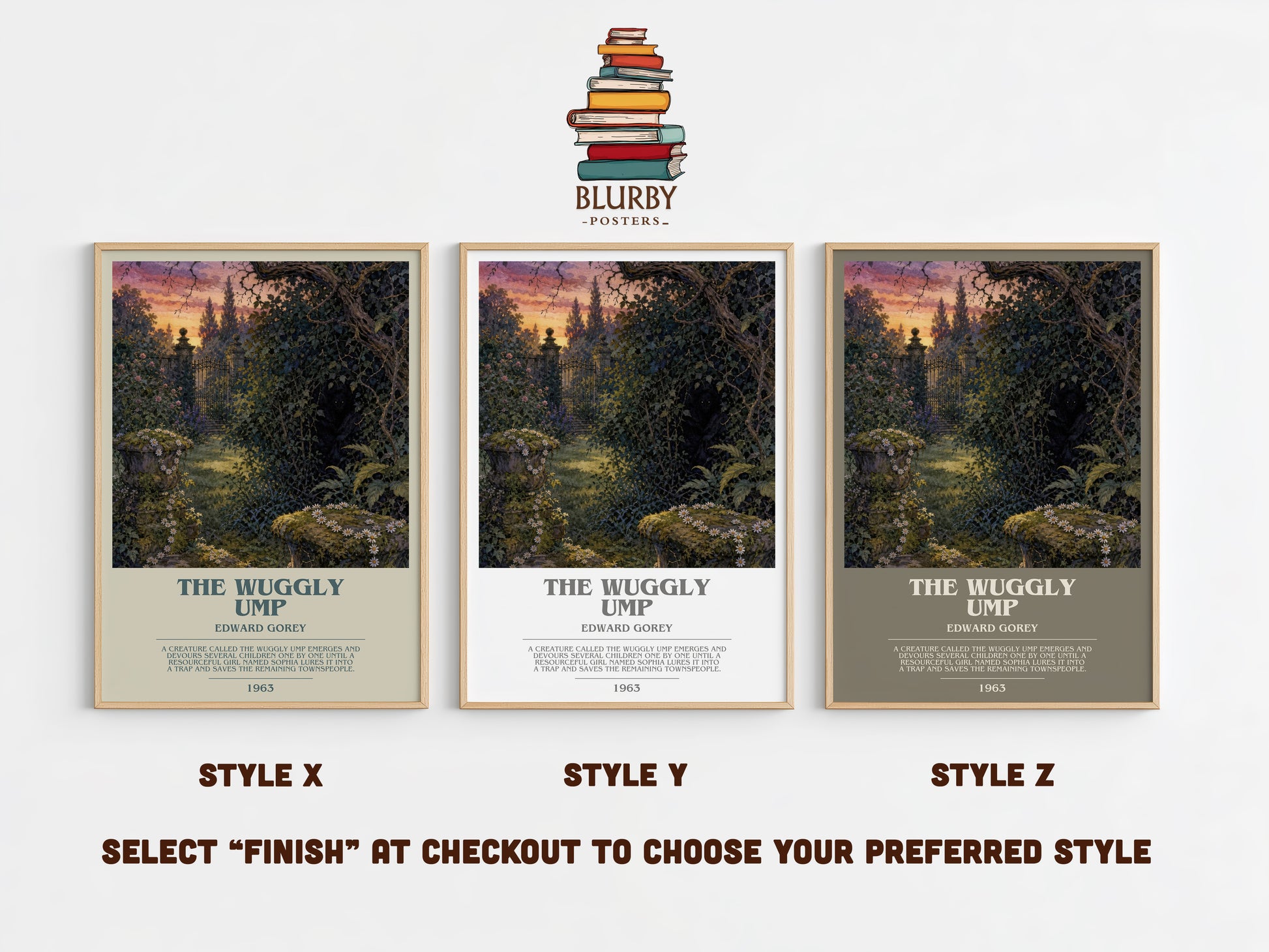 The Wuggly Ump bookish print in frame leaning in hallway – childrens wall art